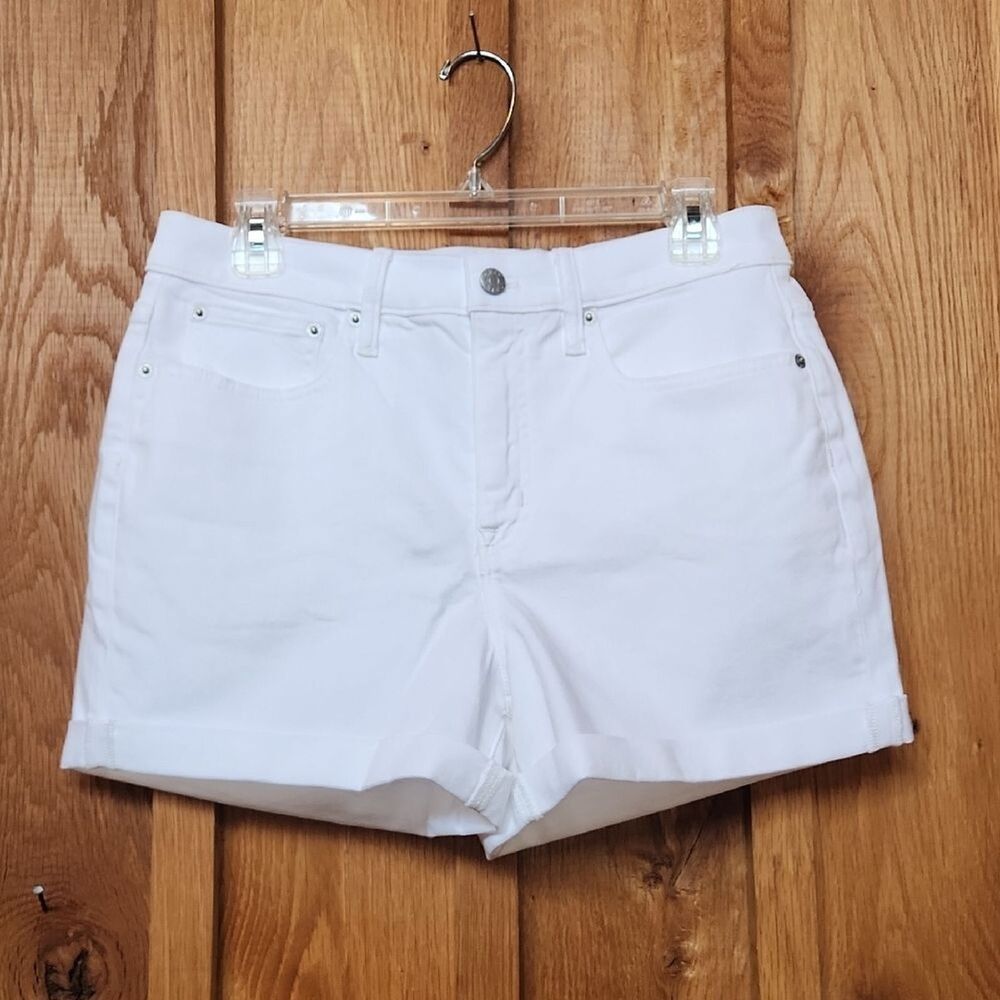 J. Crew High Waist White Classic Denim Mom Shorty Shorts Cuffed Hem, Size 28